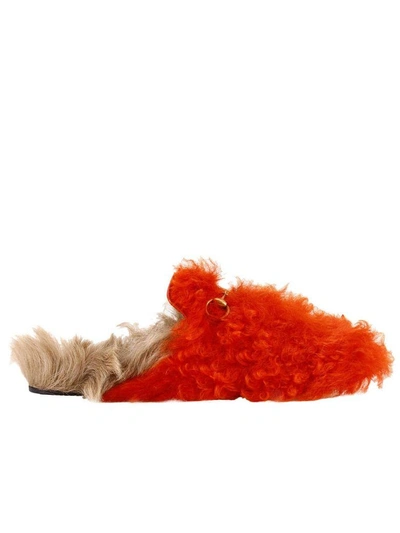 Gucci Ballet Flats Princetown Gitana Slippers With Burnished Horsebit And Bicolor Fur In Orange