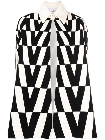 Valentino Womens Avorio/nero V Logo Geometric-print Wool Cape 8 In Ivory/black