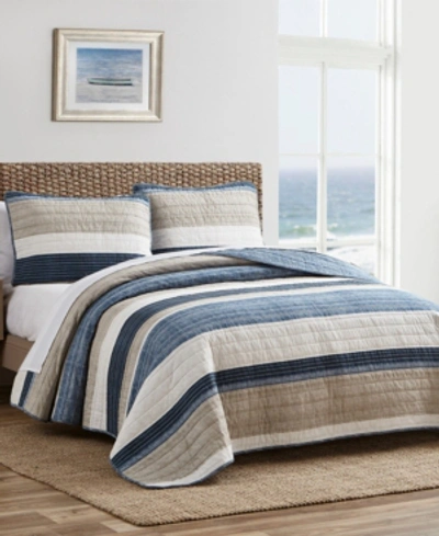 Nautica Ridgeport Blue Cotton Reversible 3 Piece Quilt Set, Full/queen In Denim