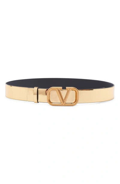 Valentino Garavani Vlogo Buckle Metallic Leather Belt In Antique Brass