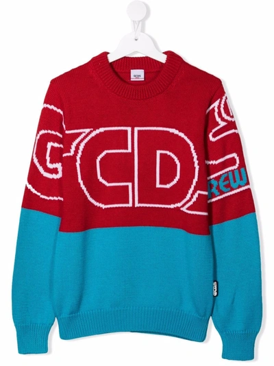 Gcds Teen Intarsia-knit Virgin-wool Jumper In Rosso