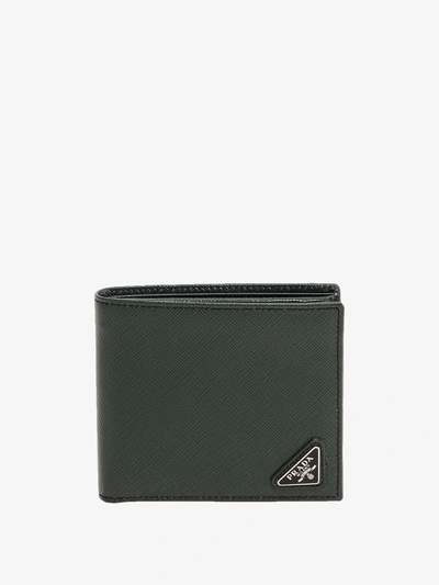 Prada Logo Plaque Bifold Wallet In Emerald