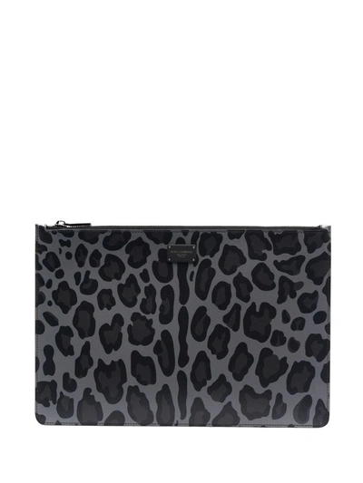 Dolce & Gabbana Logo Plaque Leopard Print Leather Pouch In Black