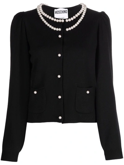 Moschino Wool Cardigan With Pearls In Black