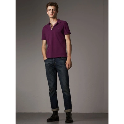 Burberry Check Placket Cotton Piqué Polo Shirt In Deep Purple Amethyst