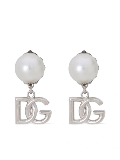 Dolce & Gabbana Dg Logo Mitation Pearl Pendant Earrings In Silver,white