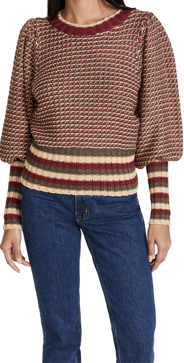 Ramy Brook Hadar Striped Puff-sleeve Sweater In Bordeaux/ Olive/  Butterscotch | ModeSens