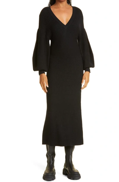 Staud Carnation Long Sleeve Midi Sweater Dress In Black