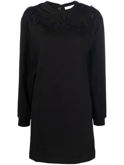 See By Chloé Lace-trimmed Cotton-jersey Mini Dress In Black