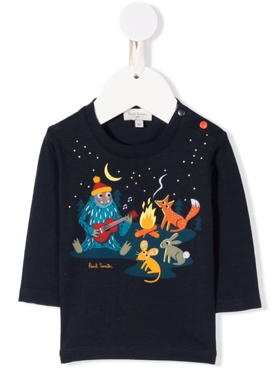 Paul Smith Junior Babies' Black T-shirt With Frontal Print In Blu