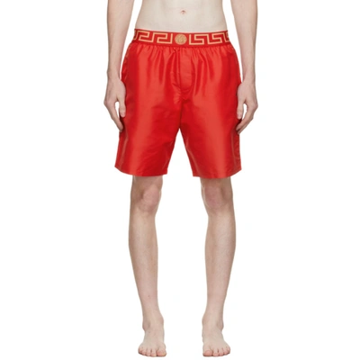 Versace Greca Border Long Swim Shorts In Red