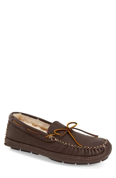 Minnetonka Men's Moosehide Leather Sheepskin Moccasin Slippers Men's Shoes In Dark Brown