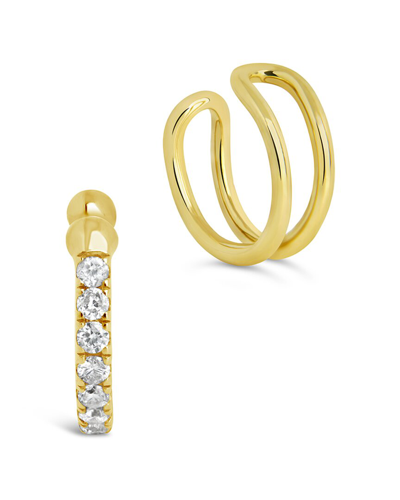 Sf Fine 14k Gold Mixed Diamond And Solid Cuff Earrings