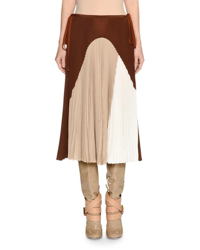 Agnona Colorblock Pleated Midi Skirt In Beige Multi