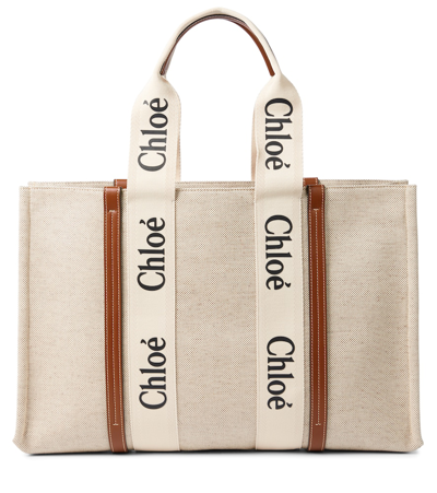 Chloé Woody Large Canvas And Leather Tote Bag In Beige