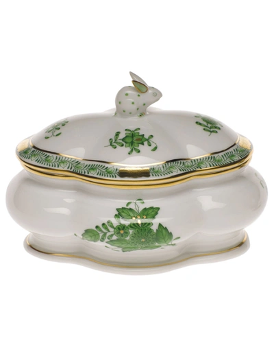 Herend Chinese Bouquet Green Covered Porcelain Bonbon Box With Bunny