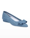 Ferragamo Viva 20 Pointed Vara Bow Ballerina Flats In Shadow Blue Denim