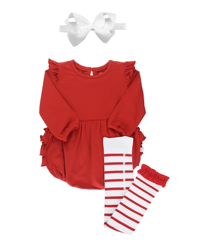 Rufflebutts Kids' Girl's Ruffle Bubble Romper W/ Striped Tights & Bow Headband In Red