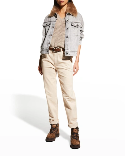 Brunello Cucinelli Denim Aviator Jacket W/ Fur Collar In C7819 Stone Denim