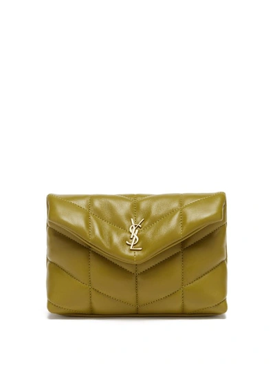 Saint Laurent Puffer Ysl-logo Padded Leather Clutch Bag In Green