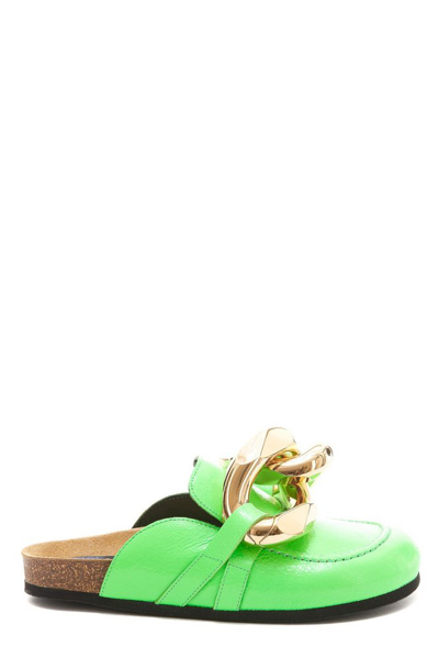 Jw Anderson Bright Green Chain-embellished Leather Mules In Crack Green