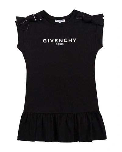 Givenchy Kids' Girl's Glitter Logo-print Bow Shoulder Dress In 09b Black