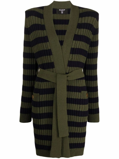 Balmain Striped Long Belted Wool Cardigan In Khaki/dark Navy