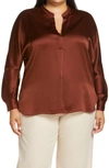 Vince Silk Banded Collar Blouse In Dark Red Umber