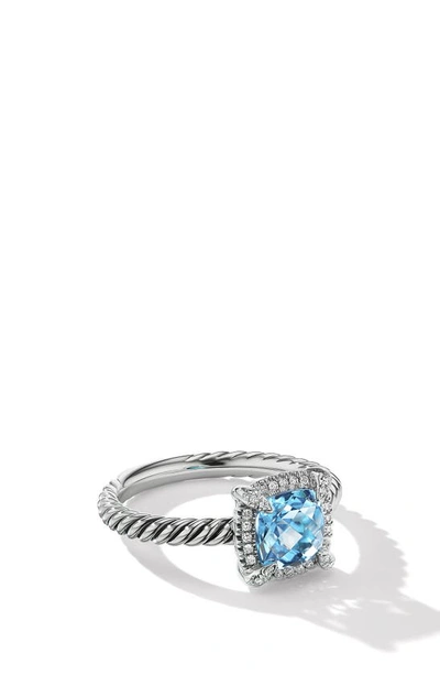 David Yurman 7mm Petite Chatelaine Pave Bezel Ring With Gemstone And Diamonds In Silver In Silver Pave/ Blue Topaz