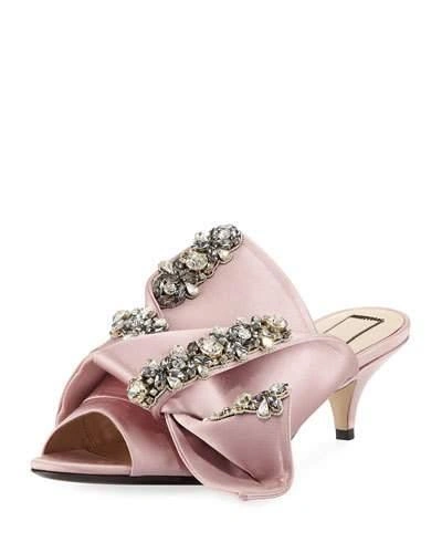 N°21 Jeweled Satin Low-heel Mule Sandals, Rosa