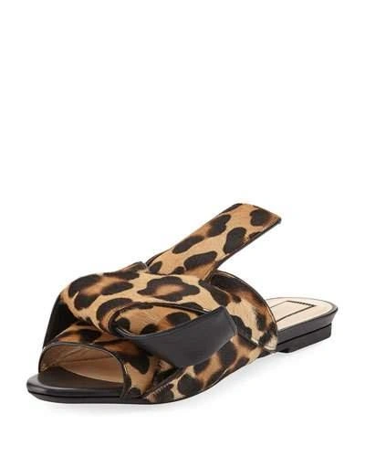 N°21 Knot Calf Hair Flat Slide Sandals, Camel Leopard