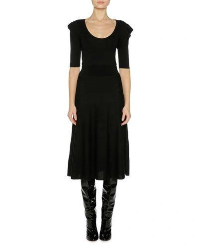 Agnona Fine Wool Ruffle-shoulder Midi Dress In Black