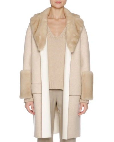 Agnona Relaxed Cashmere Coat With Mink Fur Trim In Brown/white