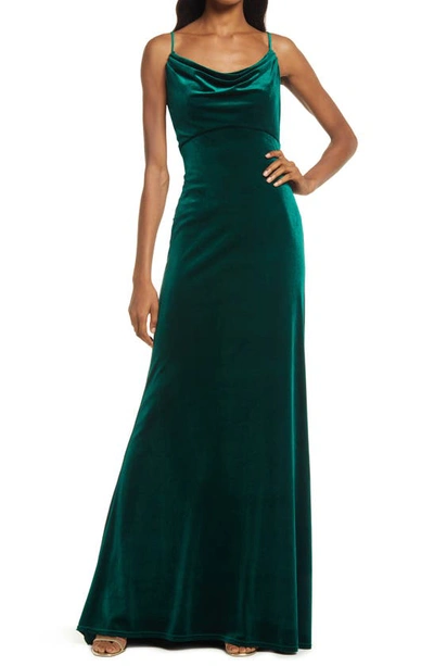 Tadashi Shoji Drape-neck Cowl-back Velvet Gown In Emerald