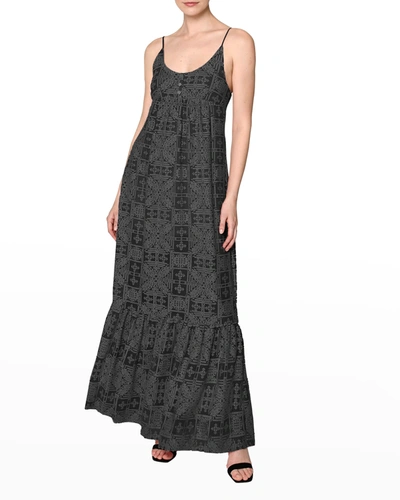 Nicole Miller Overdyed Silk Maxi Dress W/ Embroidery In Black