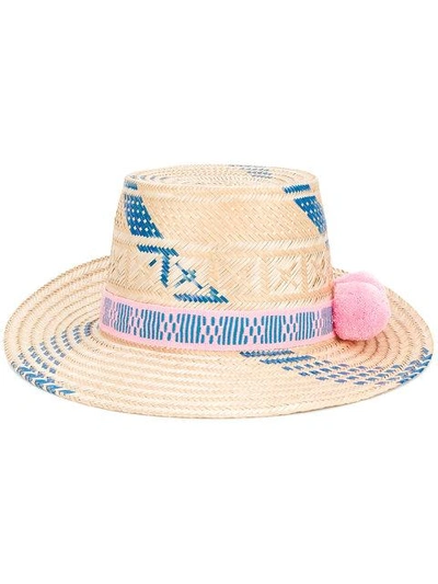 Yosuzi Blue & Pink 'marea' Oceanic Pom Pom Hat In Nude & Neutrals