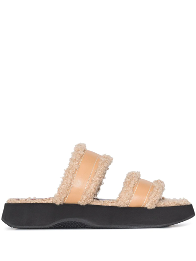 Staud Siesta Faux Shearling-lined Vegan Leather Slides In Beige