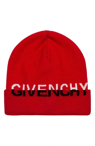 Givenchy Kids Split Logo Jacquard Cotton & Cashmere Beanie In 991 Red