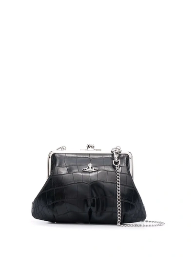 Vivienne Westwood Orb-logo Crocodile-effect Shoulder Bag In Black