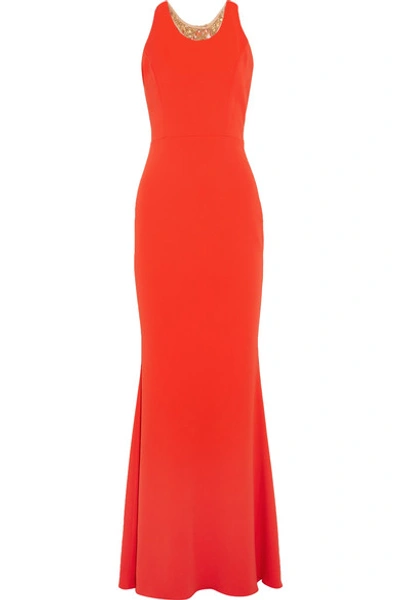 Marchesa Notte Tulle-paneled Embellished Stretch-crepe Gown In Bright Orange