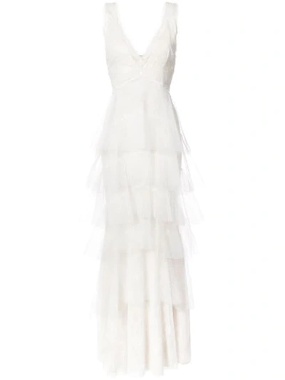 Marchesa Notte Pleated Point D'esprit And Chantilly Lace Gown In Off-white  | ModeSens