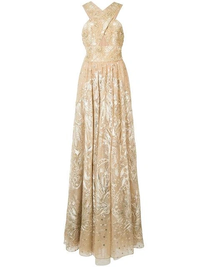 Marchesa Notte Floral Bead Embellished Gown - Yellow
