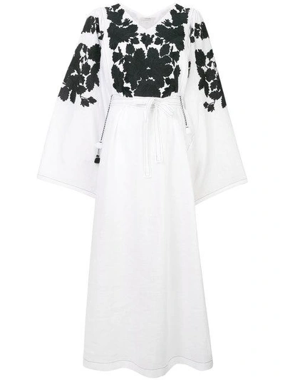 Vita Kin Summer Garden Embroidered Linen Kimono-sleeve Dress In White/black