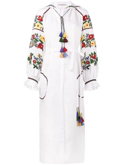 Vita Kin Floral-embroidered Linen Poet-sleeve Midi Dress In White