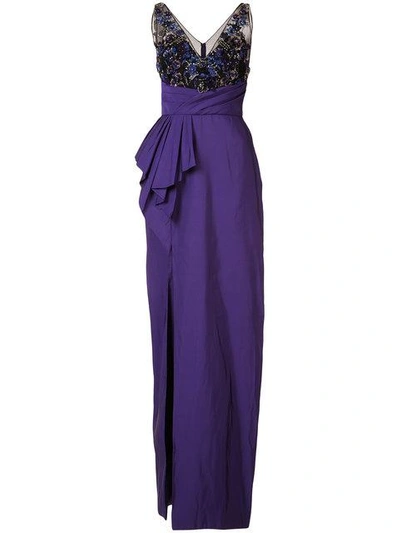 Marchesa Notte Embellished Pleated Waist Gown In Purple