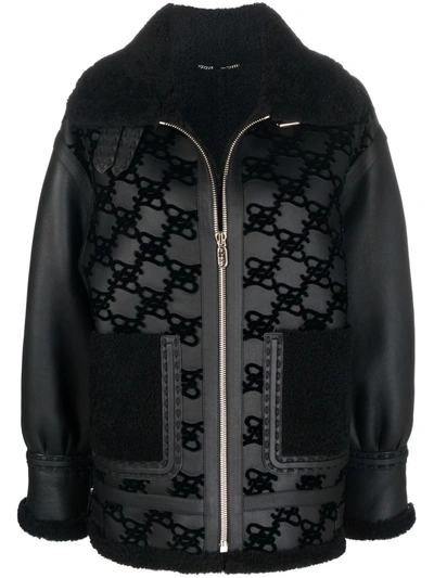 Fendi Ff Karligraphy Shearling-trimmed Leather Jacket In Black