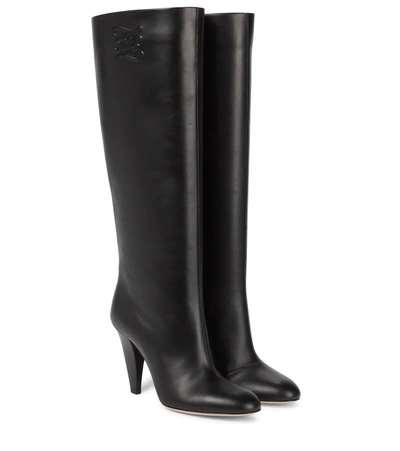 Fendi Karligraphy Logo-embossed Leather Knee Boots In Black