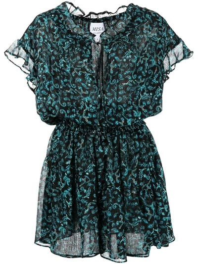 Misa Lyra Printed Metallic-weave Chiffon Mini Dress In Blue