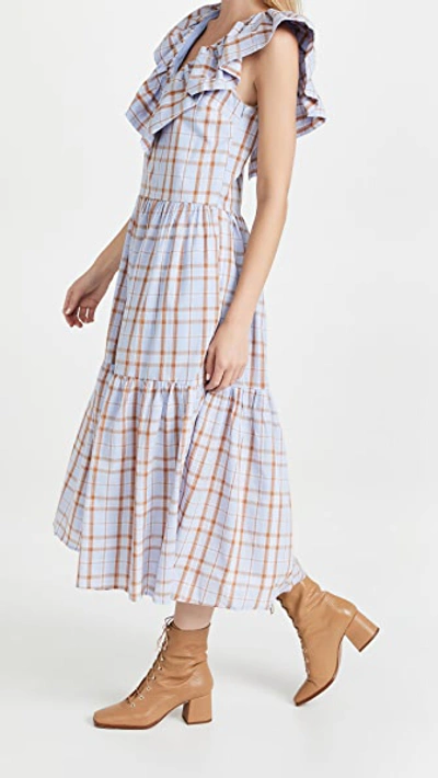 English Factory Plaid Midi Dress With Ruffle Neckline In Purple