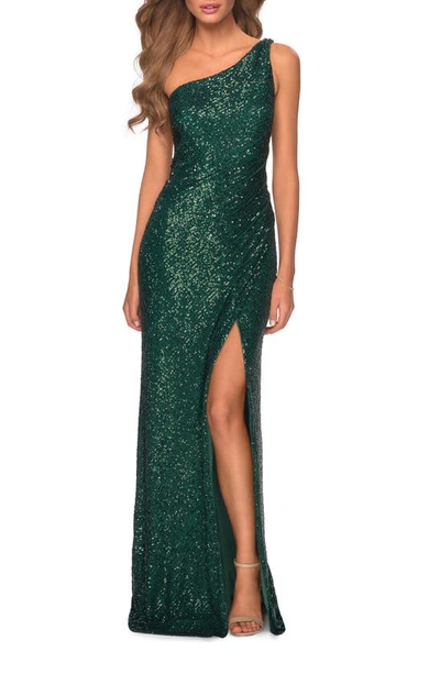 La Femme Long Sequin One Shoulder Ruched Dress In Emerald